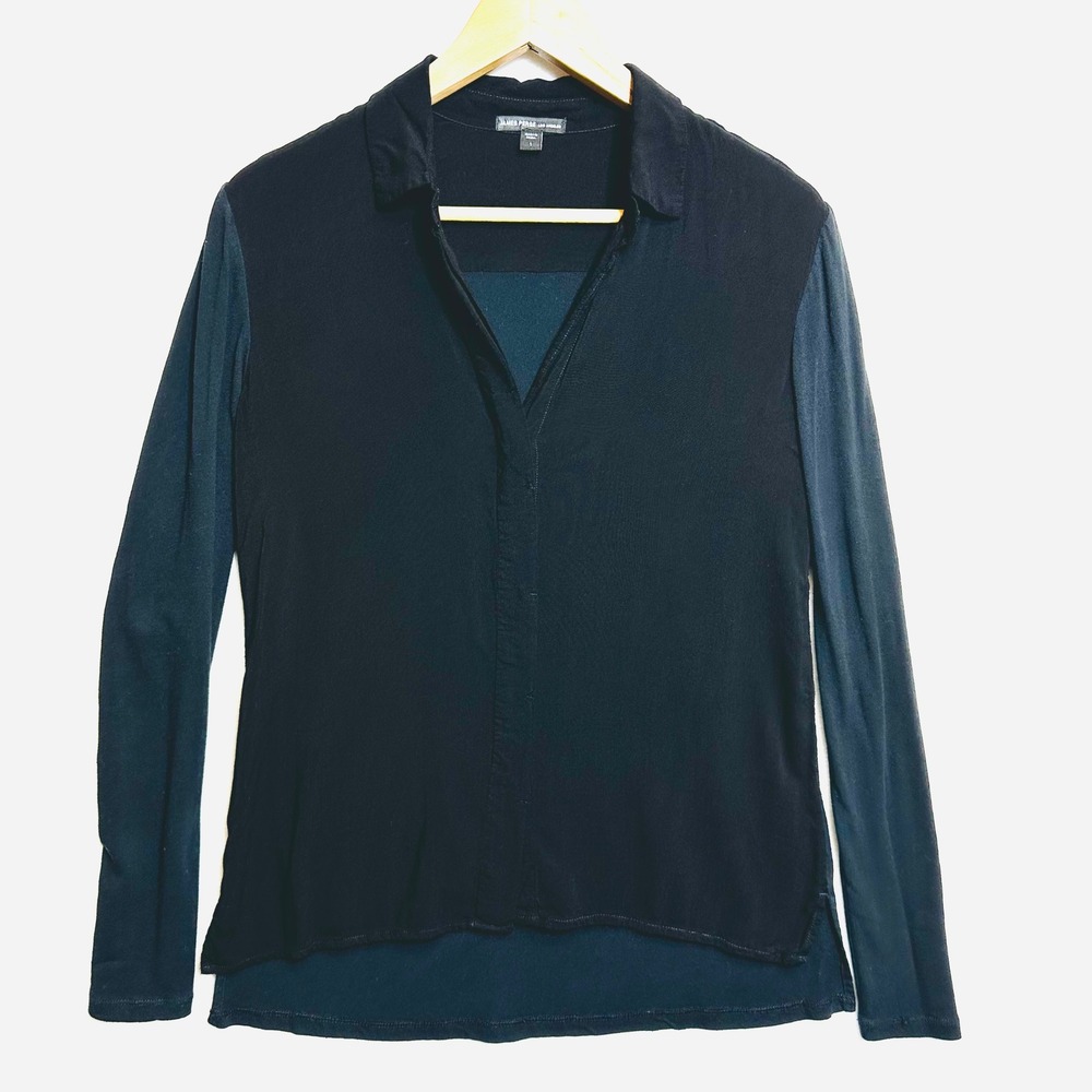 James Perse Top Shirt Women 1 Mixed Media Button Down Black Long Sleeve Epaulet